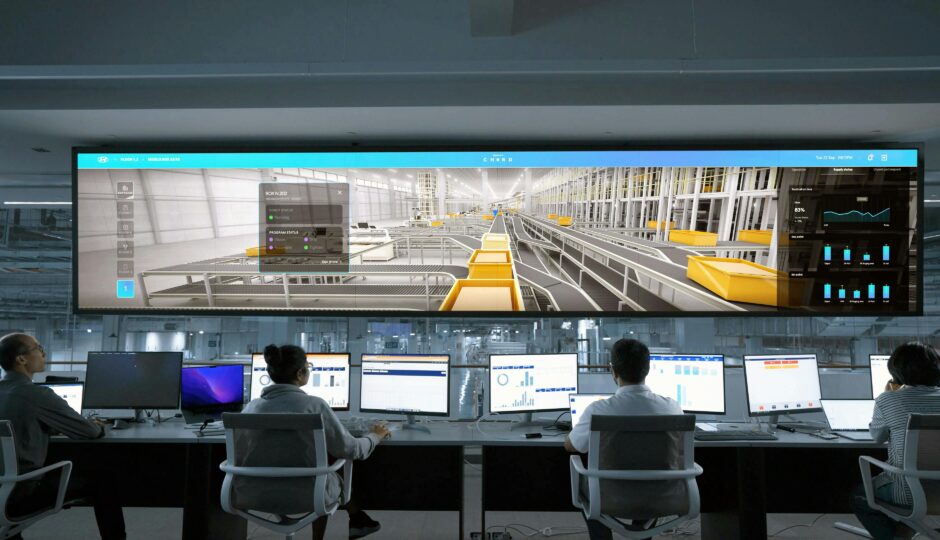 Modern control room with people monitoring large digital displays and computer systems.